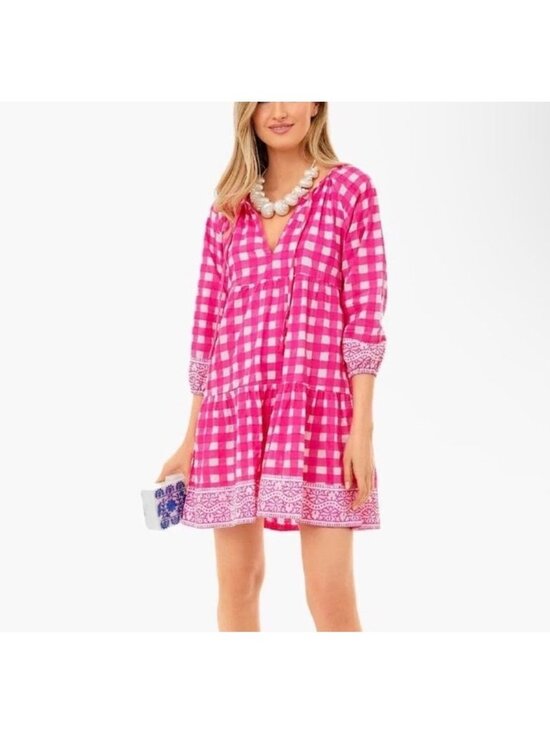 Sz Blockprints Dresses & Skirts - SZ Blockprints Priya Hot Pink Gingham Cotton Tiered Dress Women's Size M